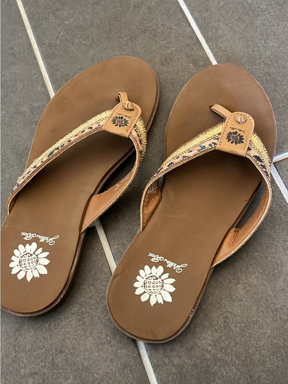 Yellow Box Brown and Yellow Embroidered Thong Sandals